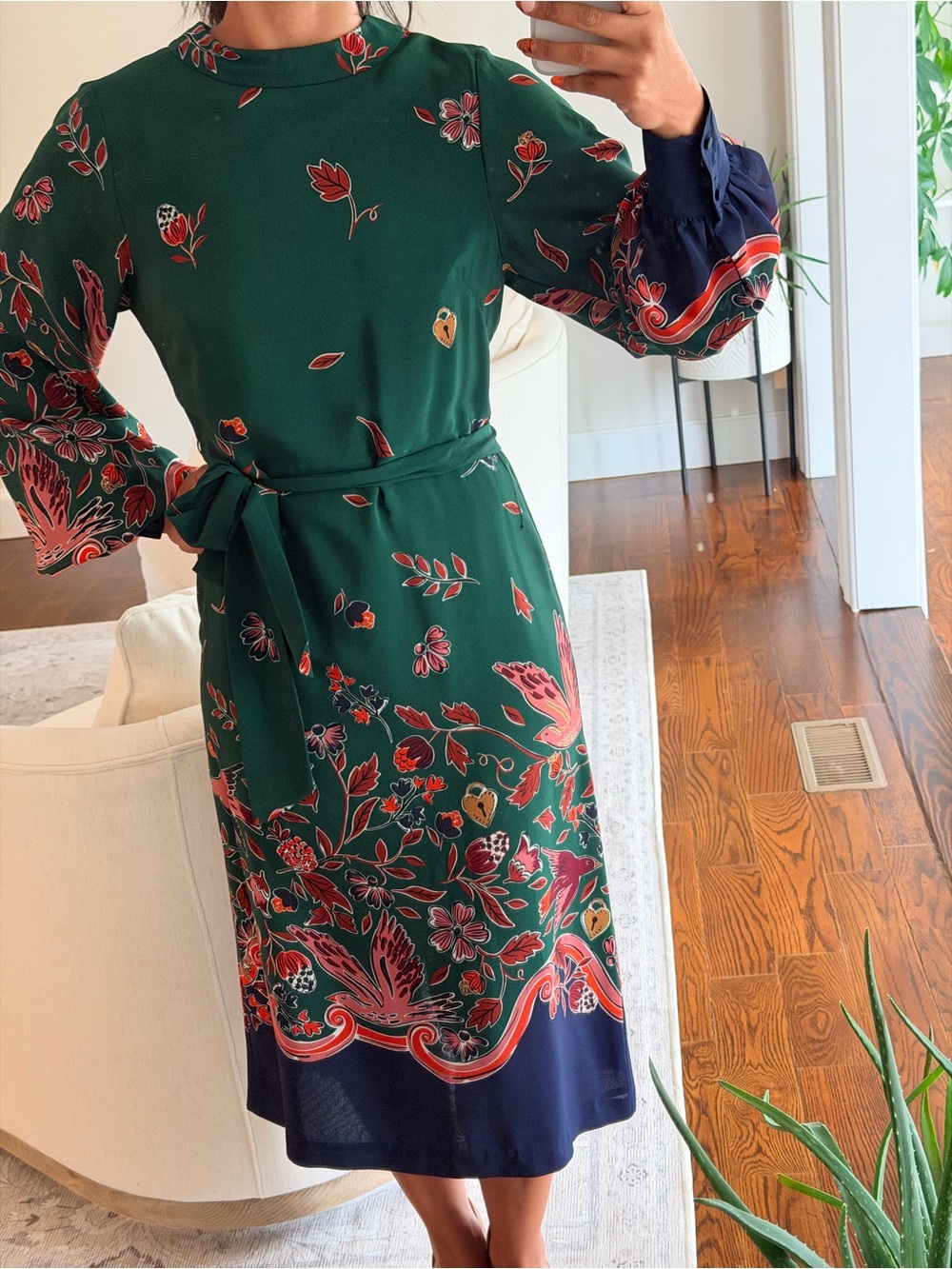 Boden Green Floral-Print Belted Midi Dress with Navy Border